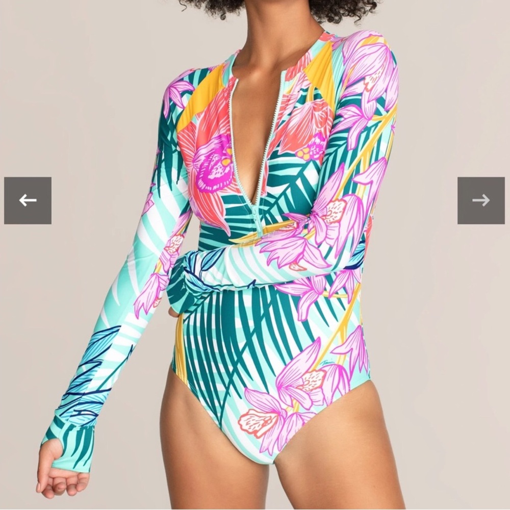 NWT $168 Trina Turk S Terra Nostra Paddle Suit One Piece Nylon Zip Up Tropical